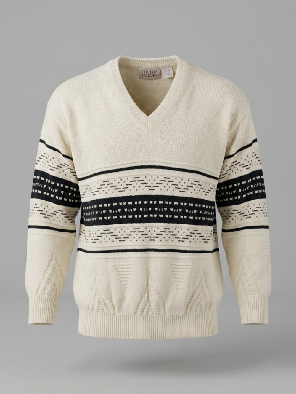 Vintage Tip Top Tailors Cream V-Neck Striped Men's Grandpa Sweater Size L